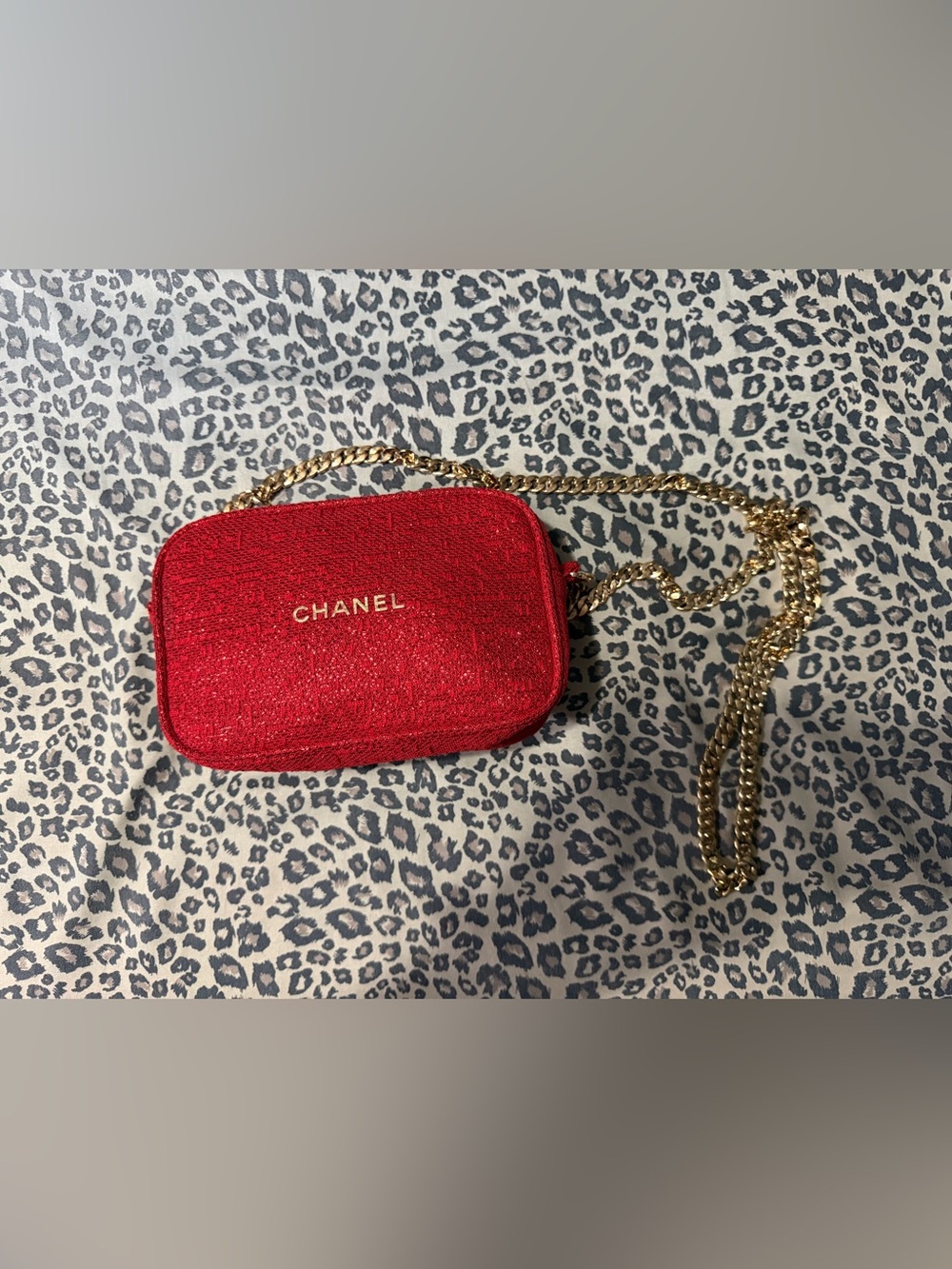 CHANEL Red Sparkle Crossbody with Gold Chain